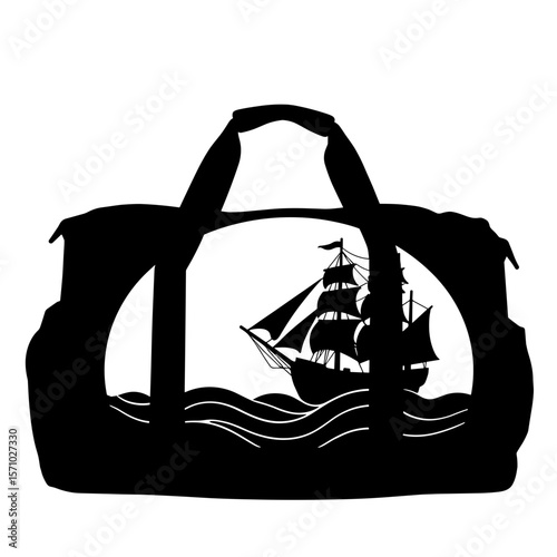 Silhouette of duffle bag with ship and ocean waves, nautical travel inspiration