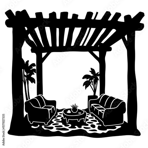 Silhouette of rustic living room with wooden pergola and stone floor, architectural balance