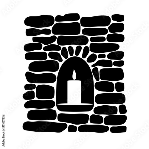 Silhouette of stone wall with candle in niche, interior calm and harmony
