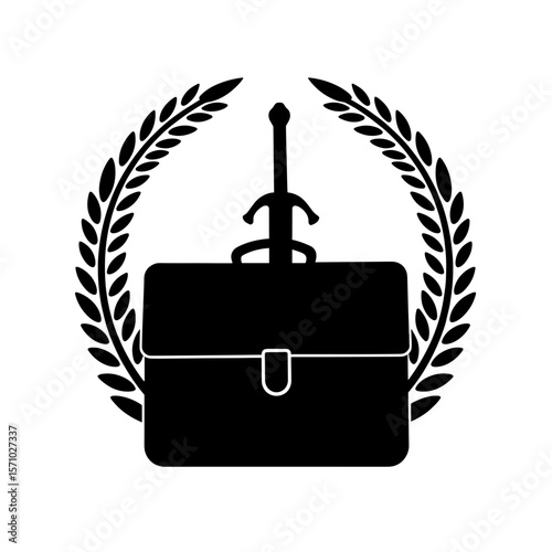 Silhouette of satchel with laurel wreath and sword, epic fantasy tribute accessory
