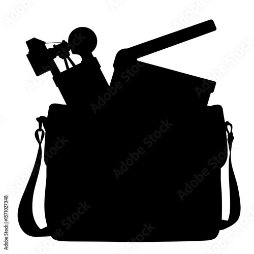 Silhouette of messenger bag with film camera and clapboard, filmmaking gear
