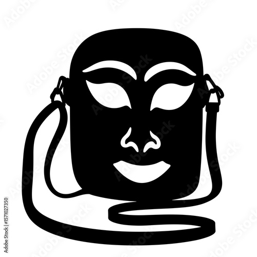 Silhouette of crossbody bag resembling folklore mask, cultural fashion accessory