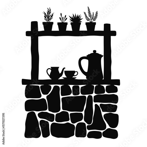 Silhouette of herbal coffee station with potted plants, cozy kitchen decor