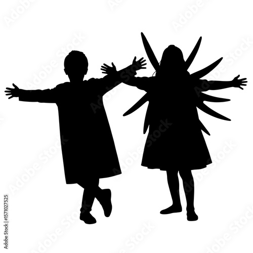 Silhouette of children in costumes performing, Day and Night theme, Creative School Show