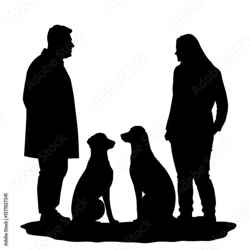 Silhouette of couple with dogs facing each other, pet companionship