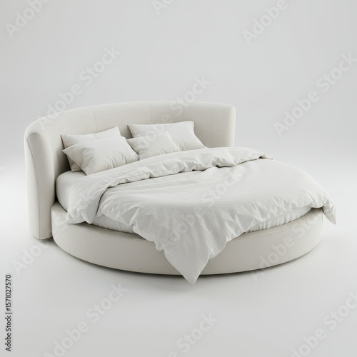 Modern round bed with soft white bedding in minimalistic setting
