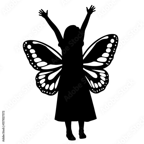 Silhouette of girl with butterfly wings, innocent imagination and play