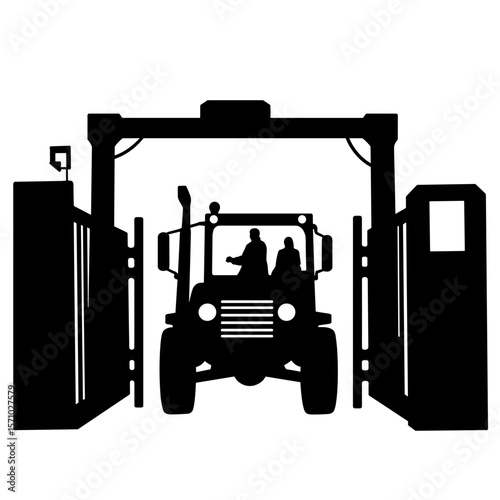 Silhouette of tractor at factory gate - industrial entry control, security checkpoint