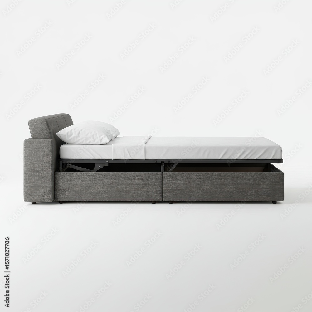 Fototapeta premium Modern Gray Sofa Bed with Hidden Storage and Simple Design