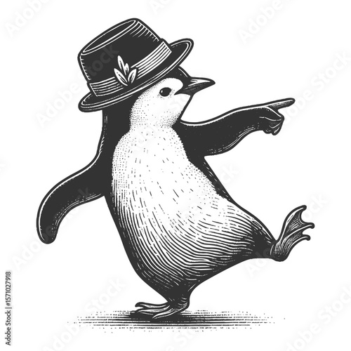 Dancing Penguin sketch engraving generative ai fictional character vector illustration. Scratch board imitation. Black and white image.