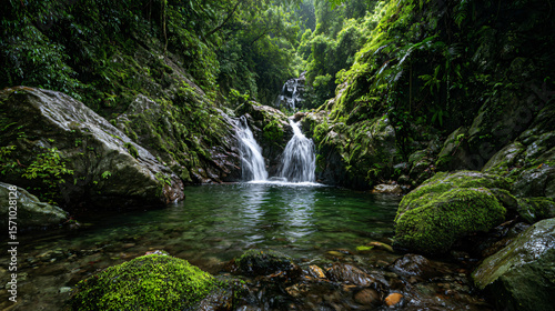 Hidden Waterfall Oasis: Discover serenity amidst lush greenery as crystal-clear water cascades down mossy rocks into a tranquil pool, creating a hidden waterfall oasis.