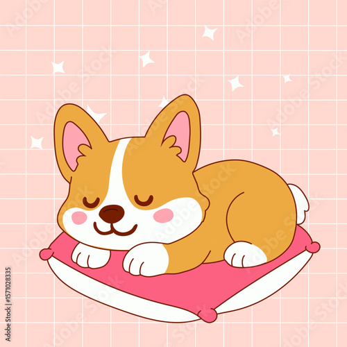 Cartoon Corgi Sleeping Peacefully on Pink Cushion