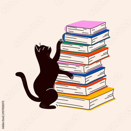 A curious cat climbing a tall stack of books, playful and energetic with a cozy, homey atmosphere