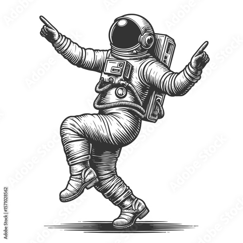 joyful astronaut dancing in space among stars sketch engraving generative ai fictional character vector illustration. Scratch board imitation. Black and white image.