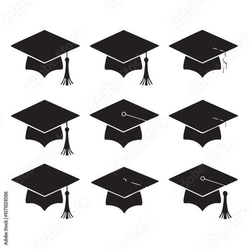 Collection of graduation caps with tassels and without tassels in black silhouette