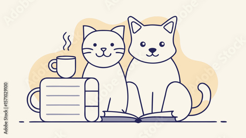 Two cute cats sitting with books and coffee in cozy minimal line art style