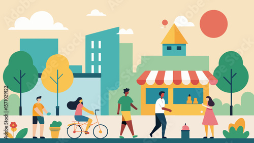 People enjoying a sunny day in the city with walking, cycling and visiting a street market in flat cartoon style