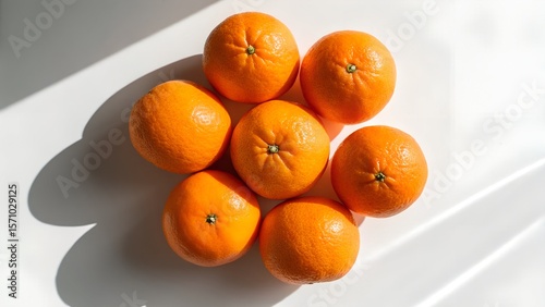 Six Ripe Oranges Arranged in a Circle on a White Background with Sunlight