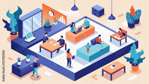 Modern coworking office space with people working on laptops, having meetings and relaxing in a creative open-plan environment