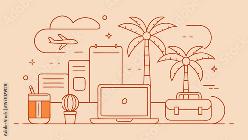Remote work concept with laptop, palm trees, airplane and travel elements in minimal line art style