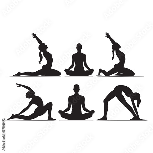 Collection of six black silhouette yoga poses on a white background