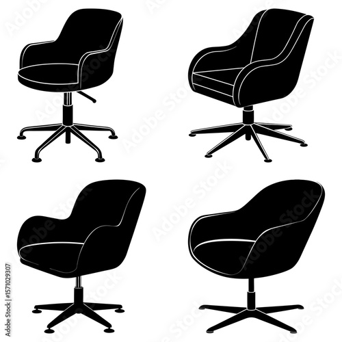 Four black office chairs with different designs and bases are arranged in a square pattern on white ground
