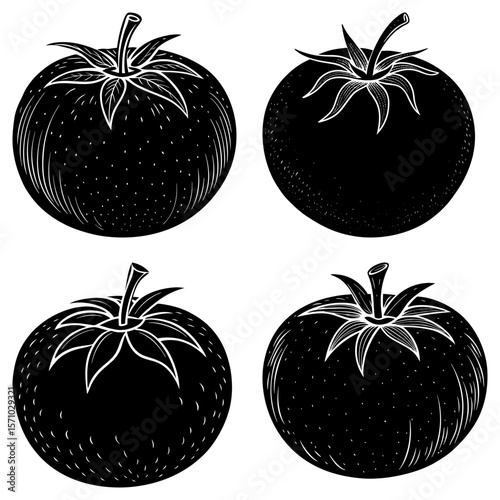 Four black and white tomato illustrations with varying textures and leaf designs on a white background