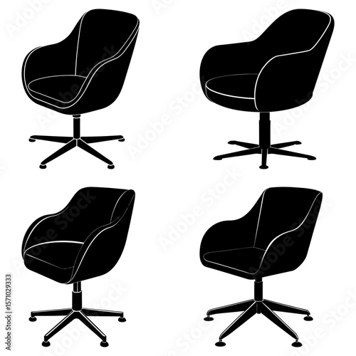 Four black swivel chairs with armrests arranged in a square pattern on a white background showcase design 100
