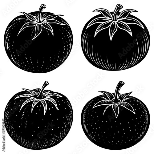 Four black and white tomato illustrations with detailed shading and leaf crown designs in a grid pattern