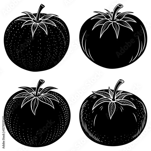 Four black and white tomatoes with different shading techniques in an illustrative style image art