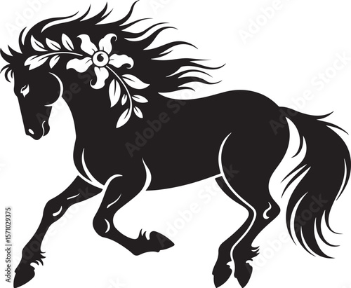 Floral Mane Horse Silhouette: Elegant Equine Illustration