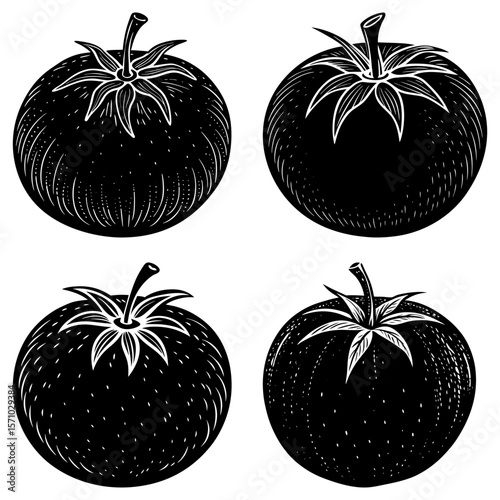 Four black and white tomatoes with leafy stems arranged in a square pattern on a white background