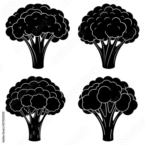 Four black and white broccoli florets arranged in a square formation on a white background image art