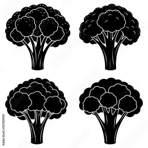 Four broccoli florets in black and white with detailed textures and outlines on a white background art