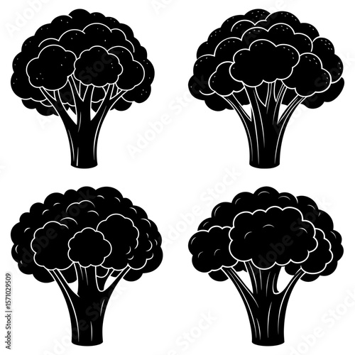 Four stylized black broccoli florets with stems arranged on a white background in a square format