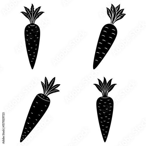 Four black and white carrots with leafy tops arranged in a square pattern against a white background