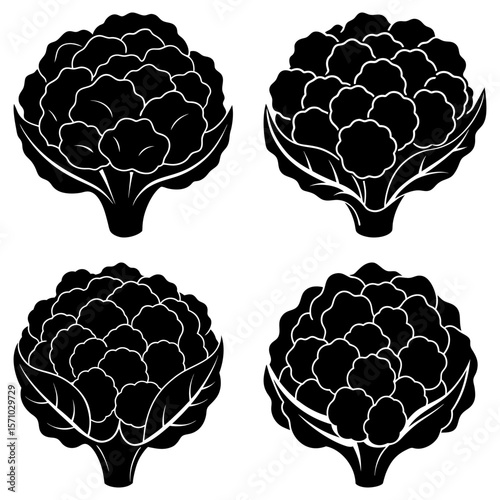 Four stylized black and white cauliflower heads with detailed florets and leaves arranged in a grid pattern