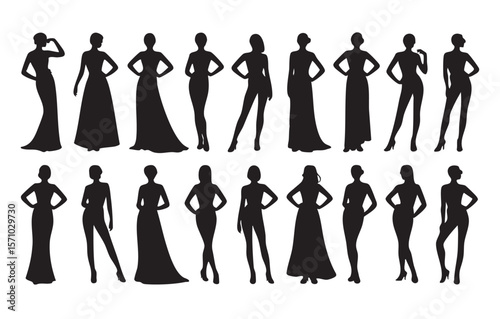 Collection of elegant female silhouettes in various evening gowns and poses