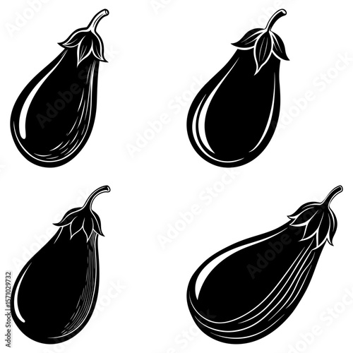Four stylized black and white eggplants with detailed leaves and curved stems on a white background