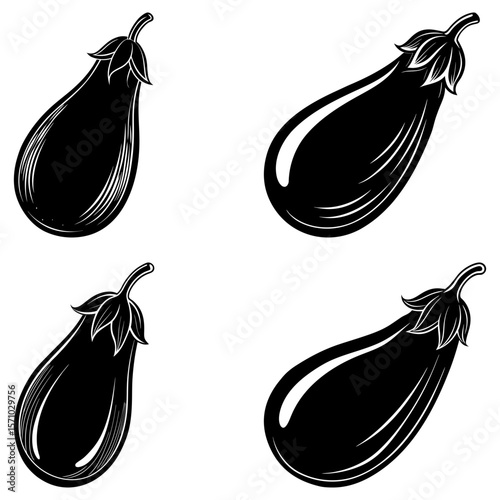 Four black and white stylized eggplants arranged in a square pattern on a white background image