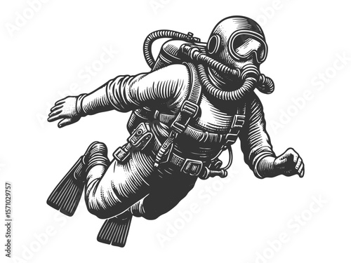 scuba diver exploring underwater sketch engraving generative ai fictional character vector illustration. Scratch board imitation. Black and white image.