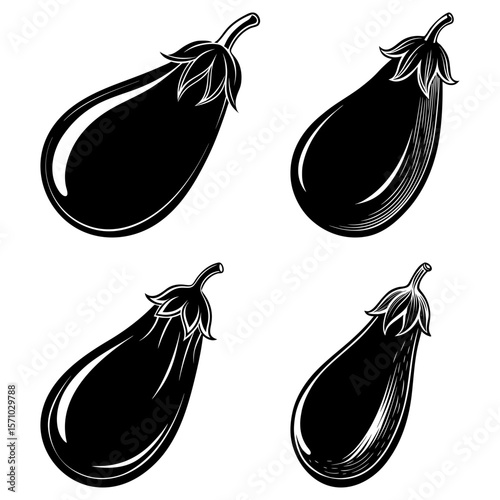 Four black and white eggplant illustrations with varying textures on a white background displayed clearly