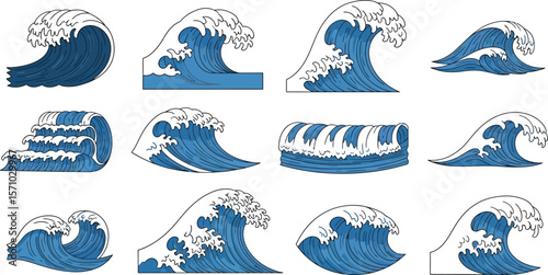 Twelve different cartoon ocean waves with white foam on a white background