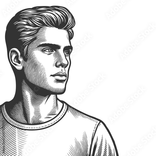 confident man in a V-neck shirt sketch engraving generative ai fictional character vector illustration. Scratch board imitation. Black and white image.