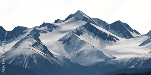 A panoramic winter mountain landscape featuring a glacier under a vast sky, with snow-capped peaks