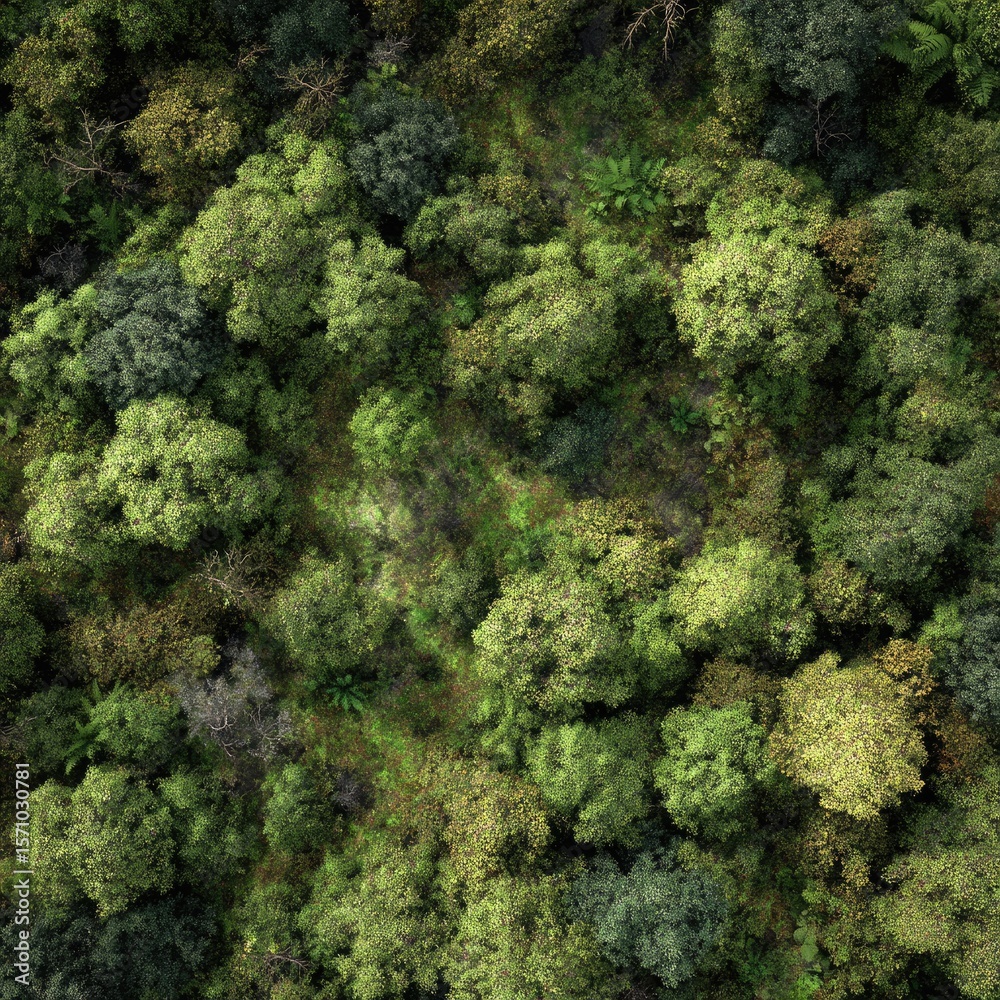 Naklejka premium Overhead view of a dense, lush forest canopy with varied shades of green foliage, showing a small clearing or path amidst the trees