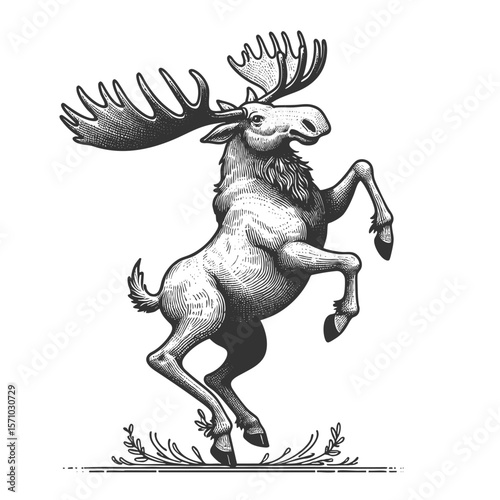Rearing Moose sketch engraving generative ai fictional character vector illustration. Scratch board imitation. Black and white image.