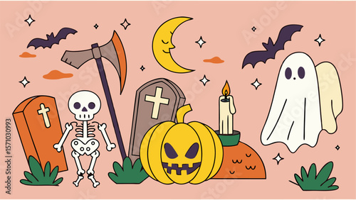 Halloween vector background with pumpkins bats ghosts and spooky cartoon elements