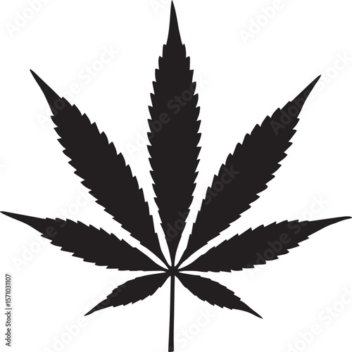 A single black cannabis leaf isolated on a plain white background
