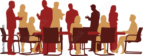 Silhouette of people sitting and standing around a meeting table